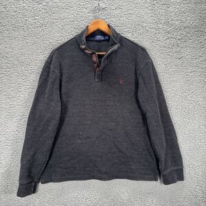 Polo Ralph Lauren Sweater Mens Medium Charcoal 1/4 Zip Button Red Pony Leather